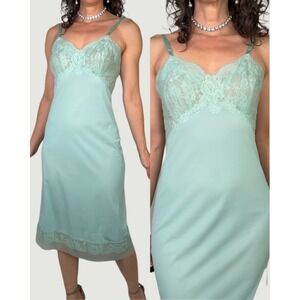 Vintage 60s Blue Green Lace Trim Full Slip Dress Midi Lingerie Nightgown S‎